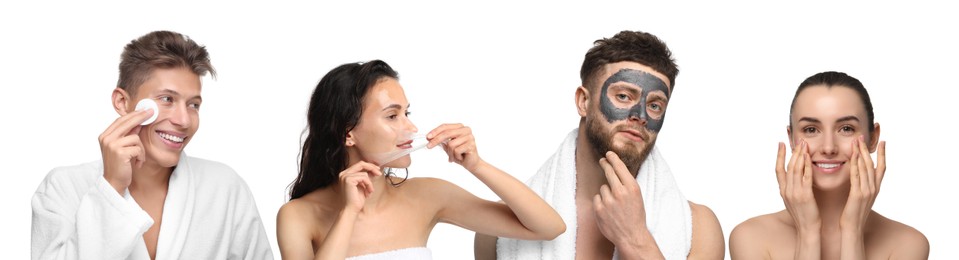 Image of Facial treatment. Women and men taking care of their skin on white background