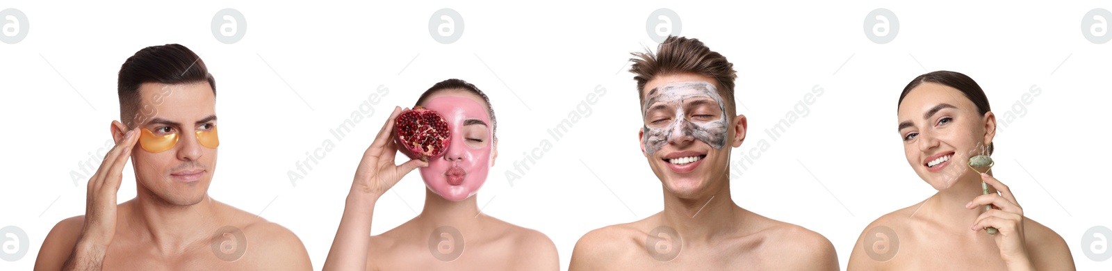 Image of Facial treatment. Women and men taking care of their skin on white background