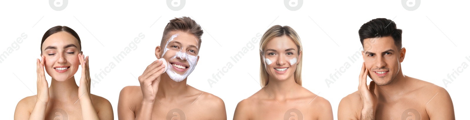 Image of Facial treatment. Women and men taking care of their skin on white background