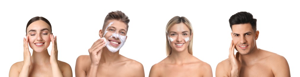 Image of Facial treatment. Women and men taking care of their skin on white background