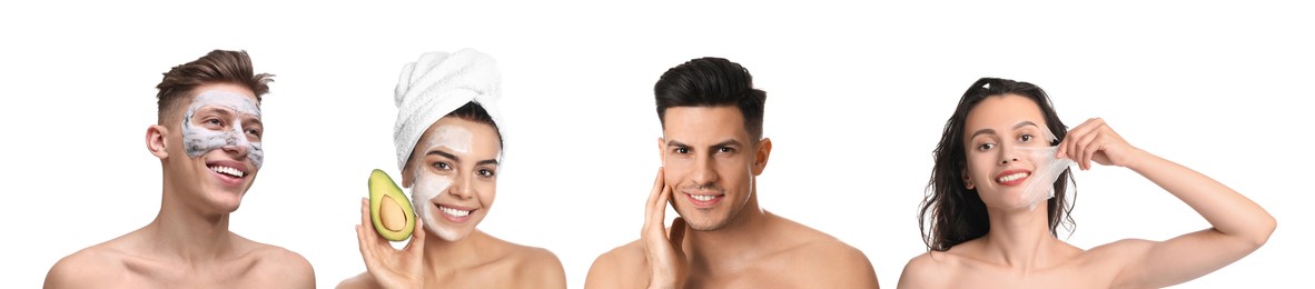 Image of Facial treatment. Women and men taking care of their skin on white background