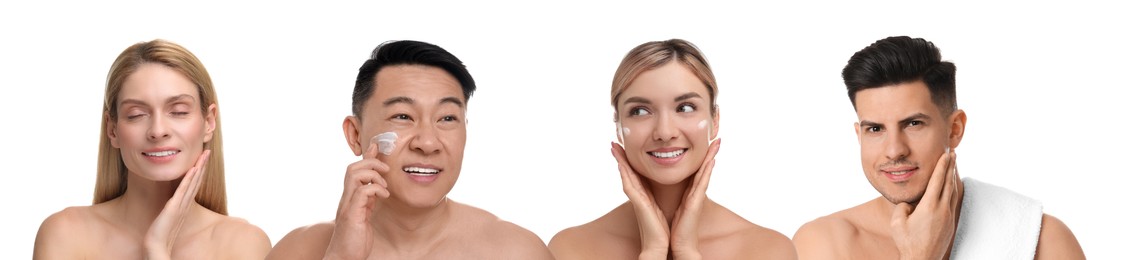 Image of Facial treatment. Women and men taking care of their skin on white background