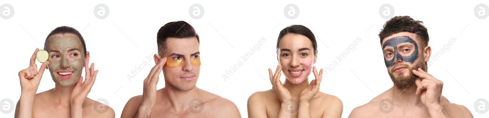 Image of Facial treatment. Women and men taking care of their skin on white background