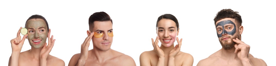 Image of Facial treatment. Women and men taking care of their skin on white background