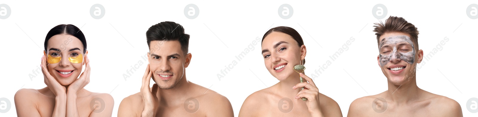 Image of Facial treatment. Women and men taking care of their skin on white background