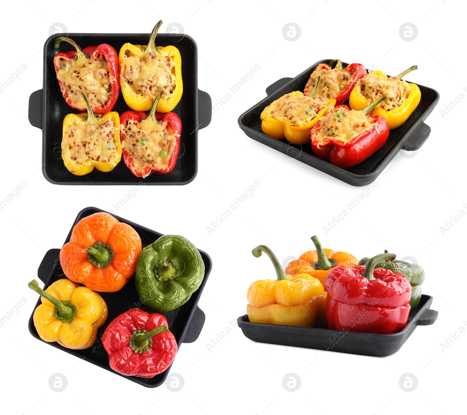 Image of Tasty stuffed bell peppers in baking pan isolated on white, set