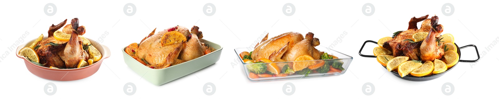 Image of Cooked chickens in baking dishes isolated on white, set