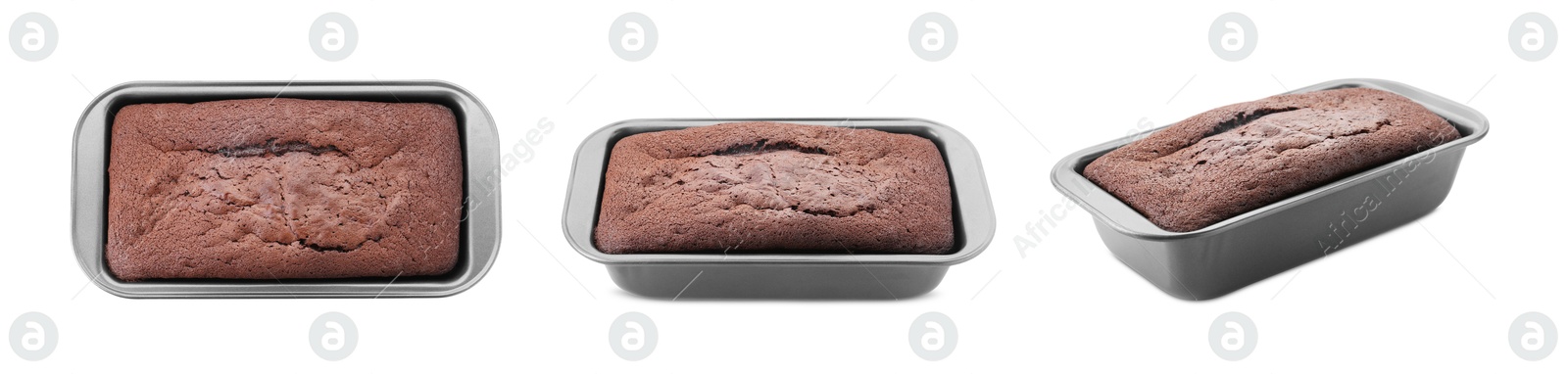 Image of Delicious chocolate sponge cake in baking pan isolated on white, set