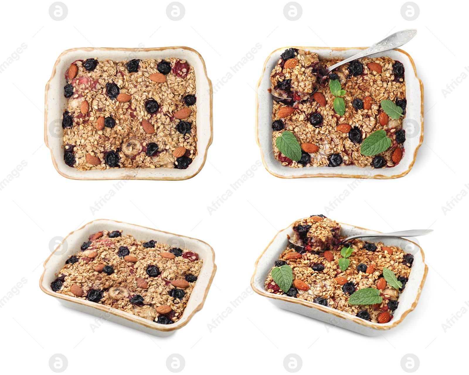 Image of Tasty cooked oatmeal with berries and nuts in baking dish isolated on white, set