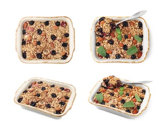 Image of Tasty cooked oatmeal with berries and nuts in baking dish isolated on white, set