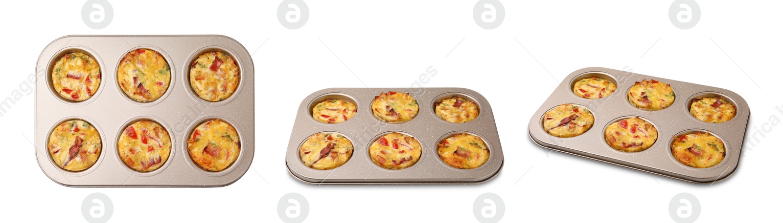 Image of Baked bacon and egg muffins with cheese in cupcake tray isolated on white, set