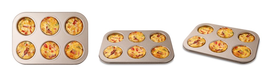 Image of Baked bacon and egg muffins with cheese in cupcake tray isolated on white, set