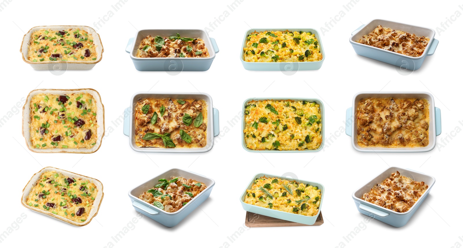 Image of Set of cooked foods in baking dishes isolated on white, set