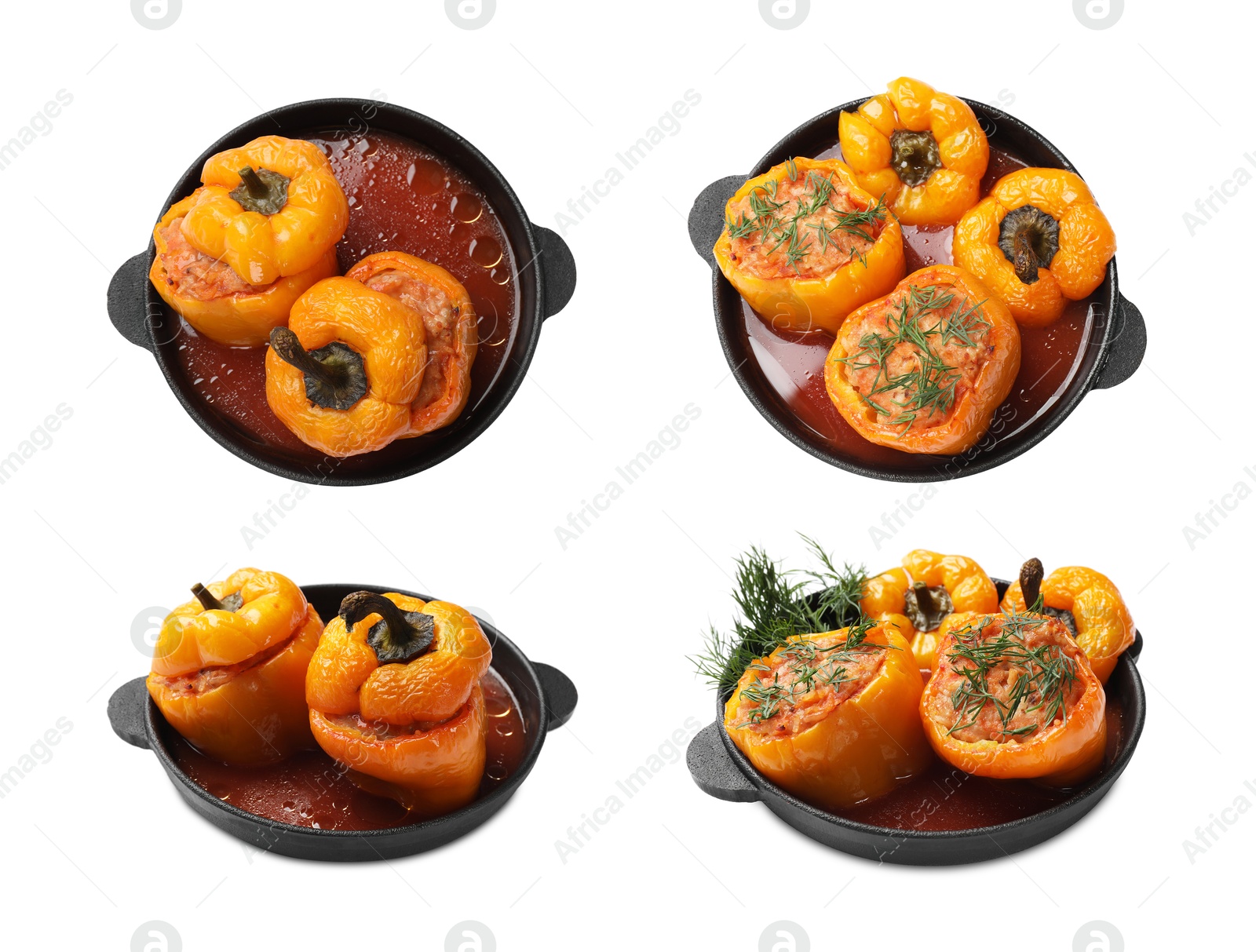 Image of Tasty stuffed peppers and dill in baking pan isolated on white, set