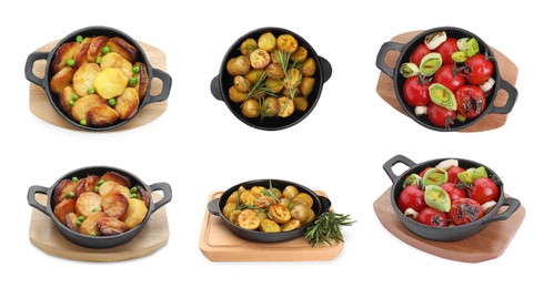 Image of Set of cooked foods in baking pans isolated on white