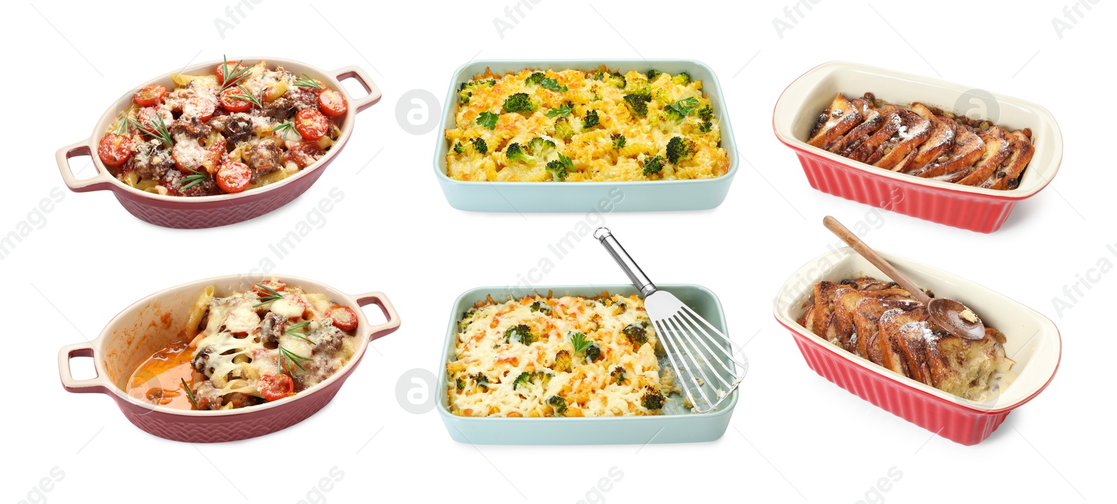 Image of Set of cooked foods in baking dishes isolated on white