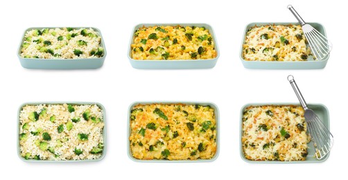 Image of Tasty pasta casserole in baking dish isolated on white, collage