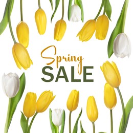 Image of Spring Sale flyer design with beautiful tulips on white background. Seasonal discount