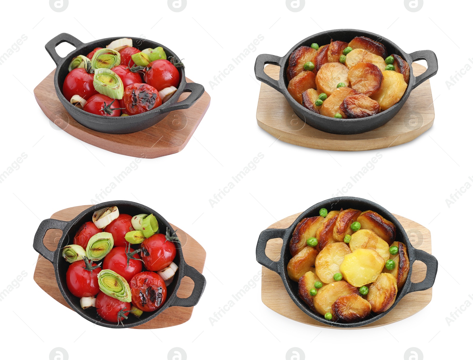 Image of Delicious cooked vegetables in baking pan isolated on white, set