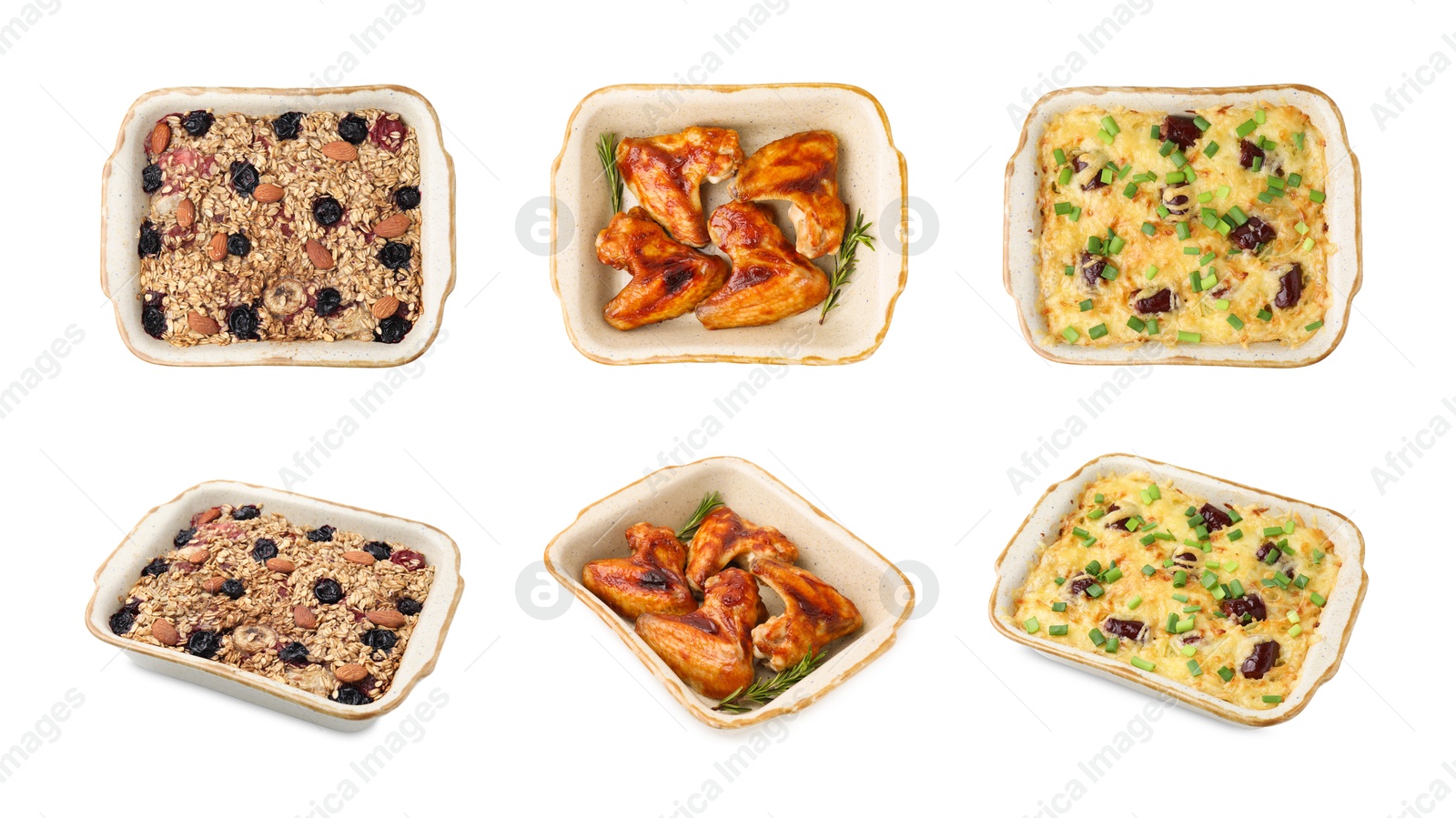 Image of Cooked foods in baking dish isolated on white, set