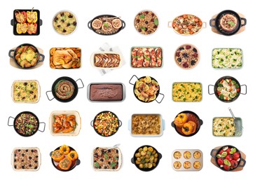 Image of Set of cooked foods in baking dishes isolated on white, top view