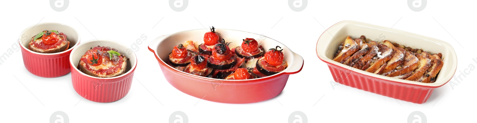 Image of Set of cooked foods in baking dishes isolated on white