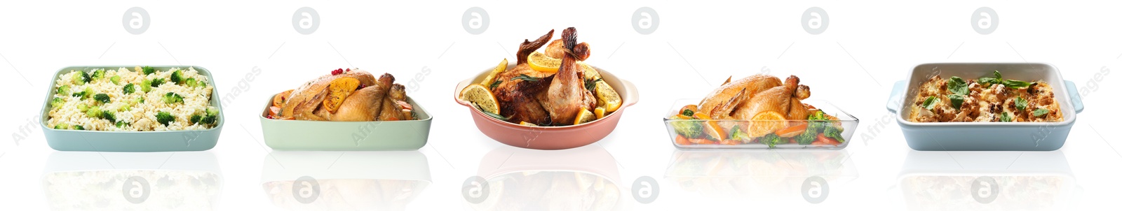 Image of Set of cooked foods in baking dishes isolated on white