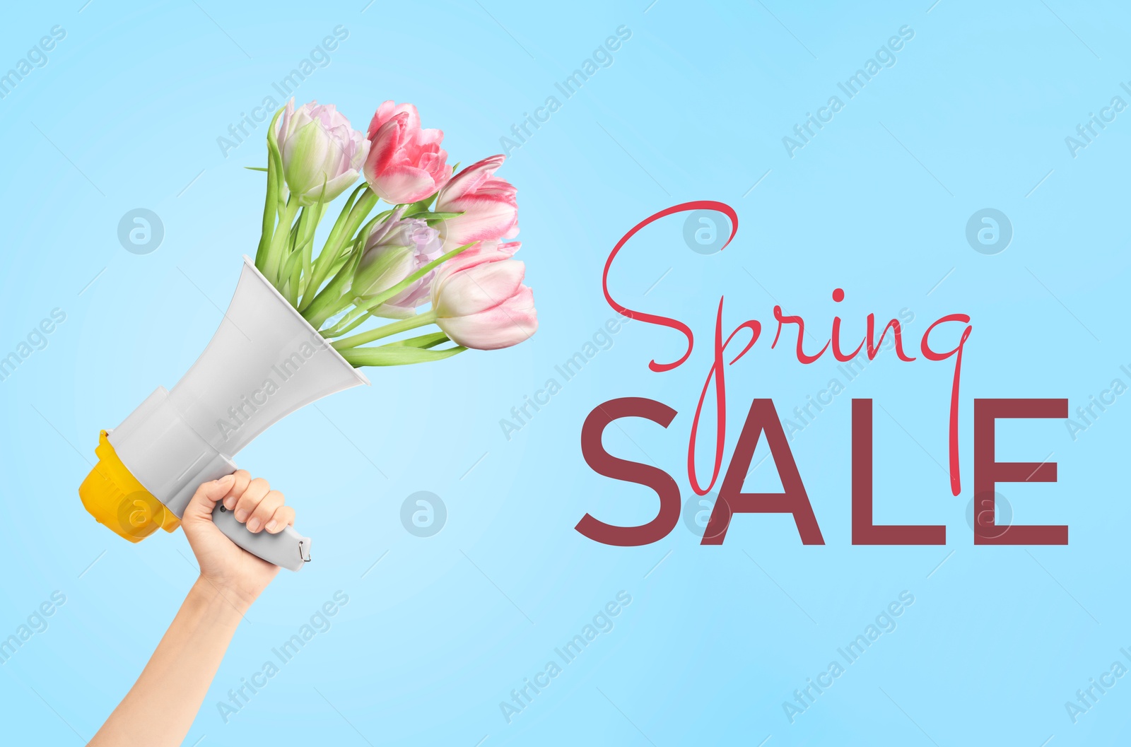 Image of Spring Sale flyer design with tulip flowers sticking out of loudspeaker in woman's hand on light blue background. Seasonal discount