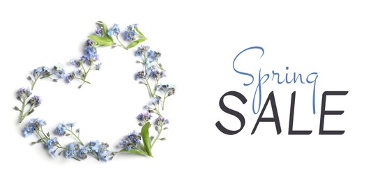 Image of Spring Sale flyer design with beautiful flowers on white background, top view. Seasonal discount