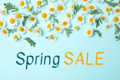 Image of Spring Sale flyer design with gentle chamomile flowers on light blue background, top view. Seasonal discount