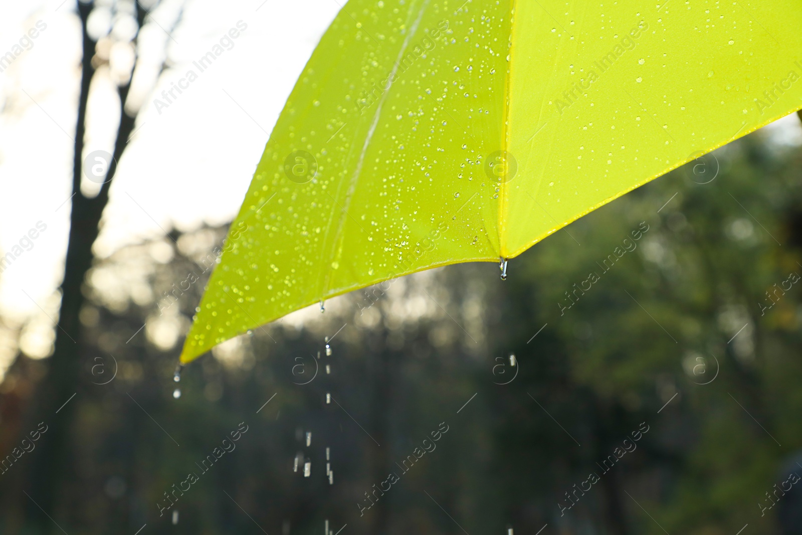 Photo of Open yellow umbrella under pouring rain outdoors, closeup