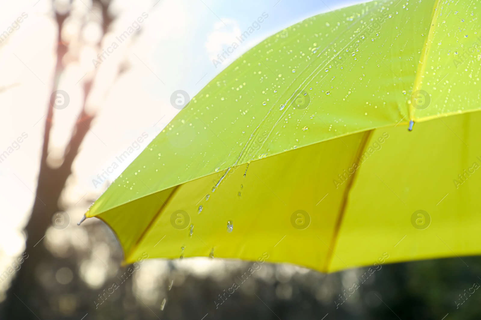 Photo of Open yellow umbrella under pouring rain outdoors, closeup