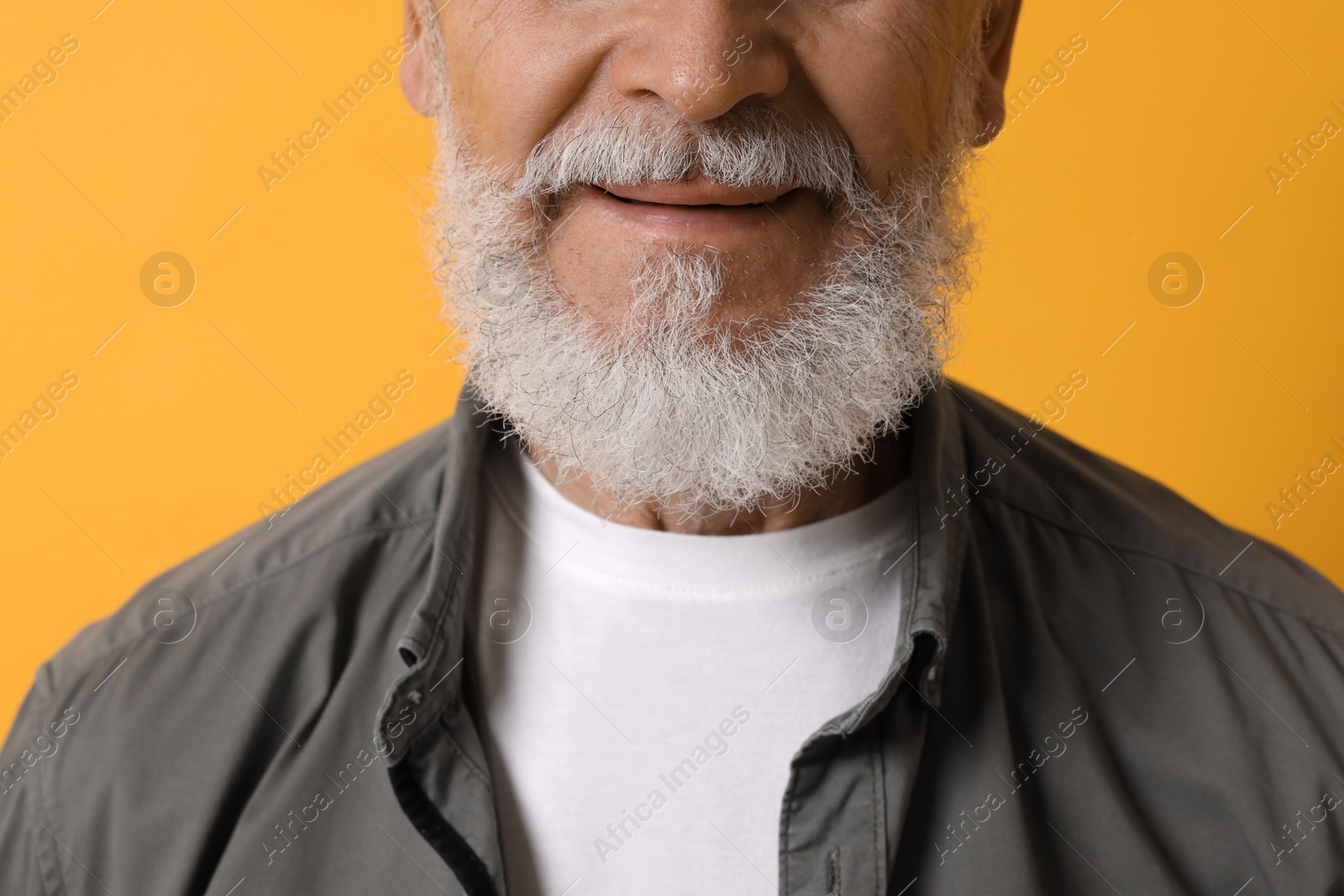 Photo of Senior man with gray beard on orange background, closeup