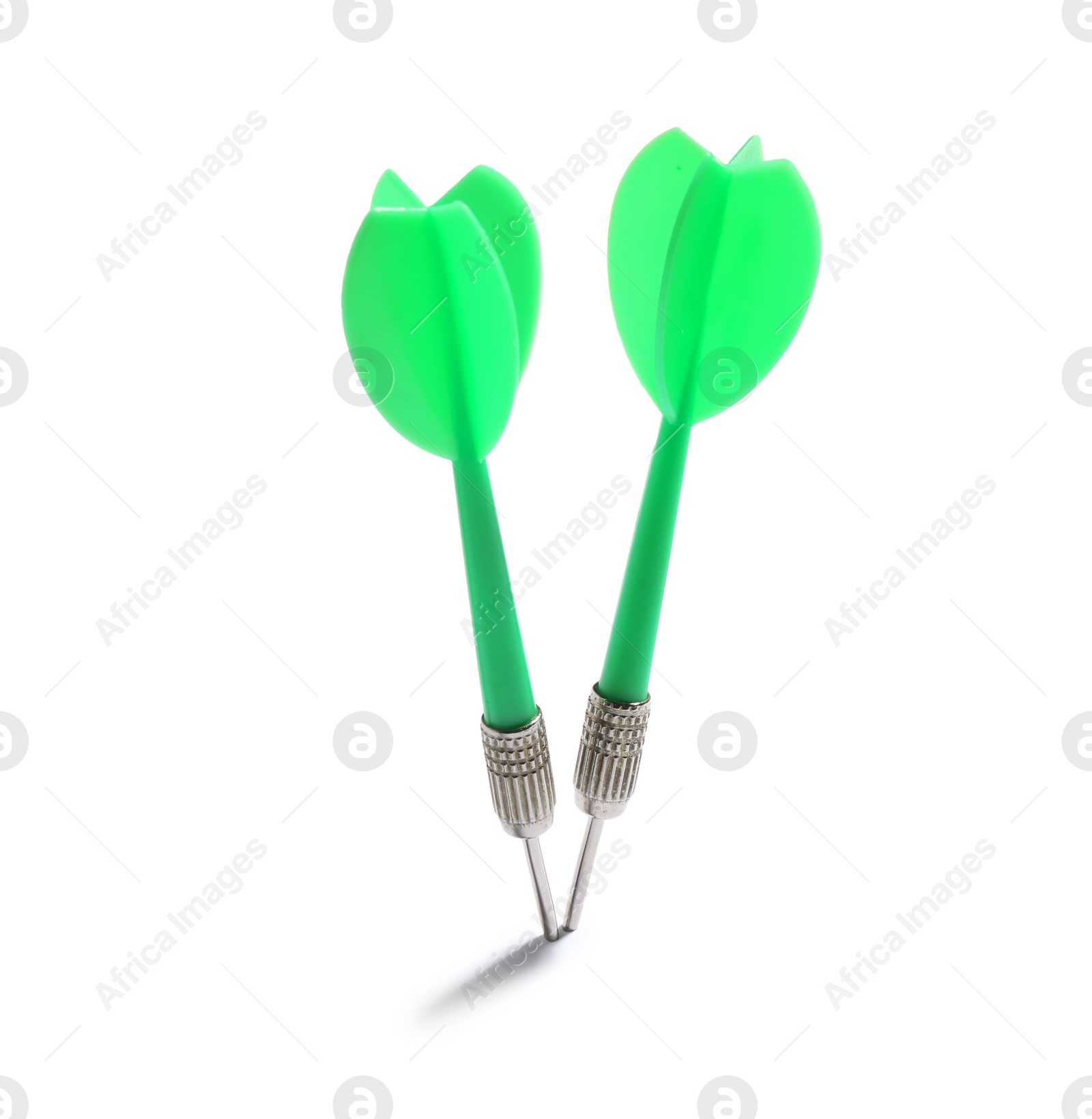 Photo of Green dart arrows isolated on white. Sports equipment