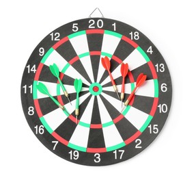 Photo of Dartboard and arrows isolated on white, top view. Sports equipment