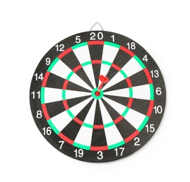 Photo of Dart board with red arrow hitting target isolated on white