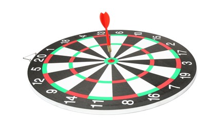 Photo of Dart board with red arrow hitting target isolated on white