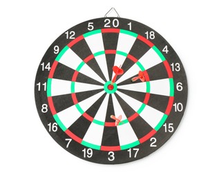 Photo of Dart board with red arrows hitting target isolated on white