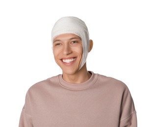 Photo of Man with head wrapped in medical bandage on white background