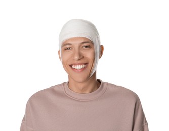 Photo of Man with head wrapped in medical bandage on white background