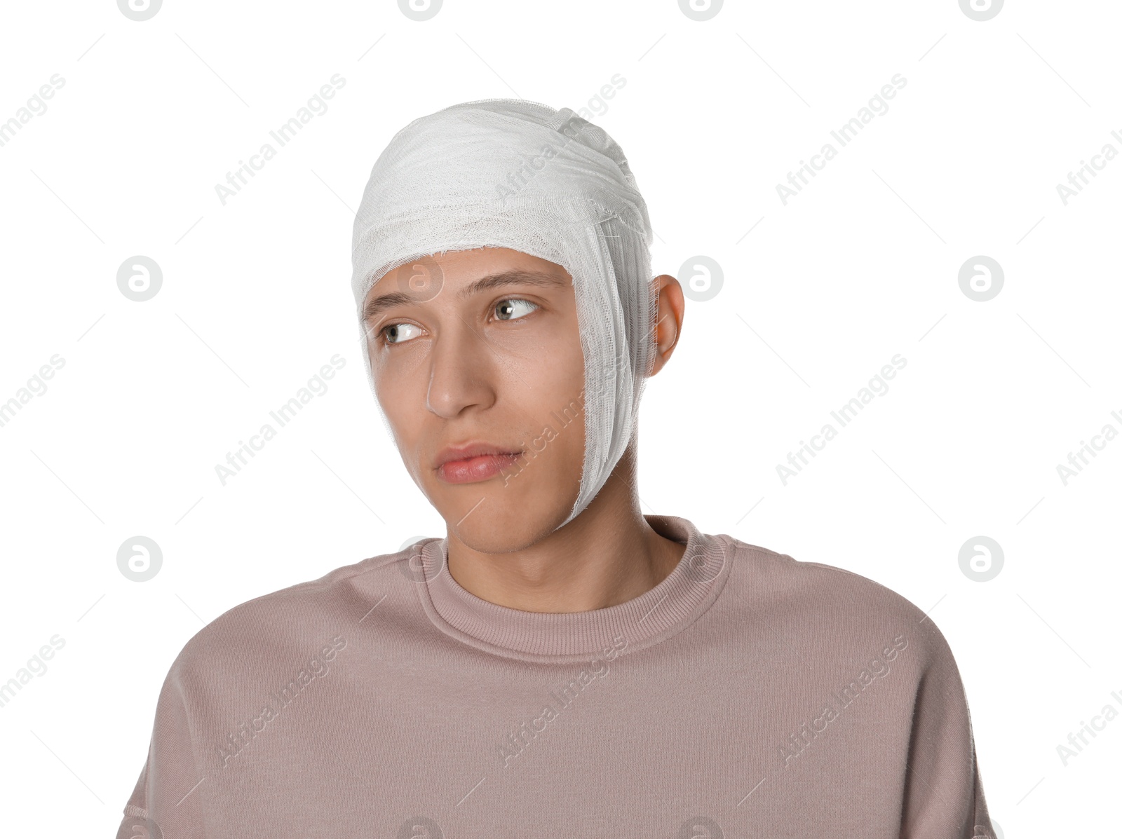 Photo of Man with head wrapped in medical bandage on white background