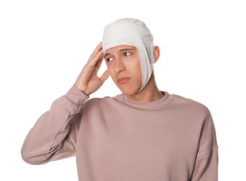 Photo of Man with head wrapped in medical bandage on white background