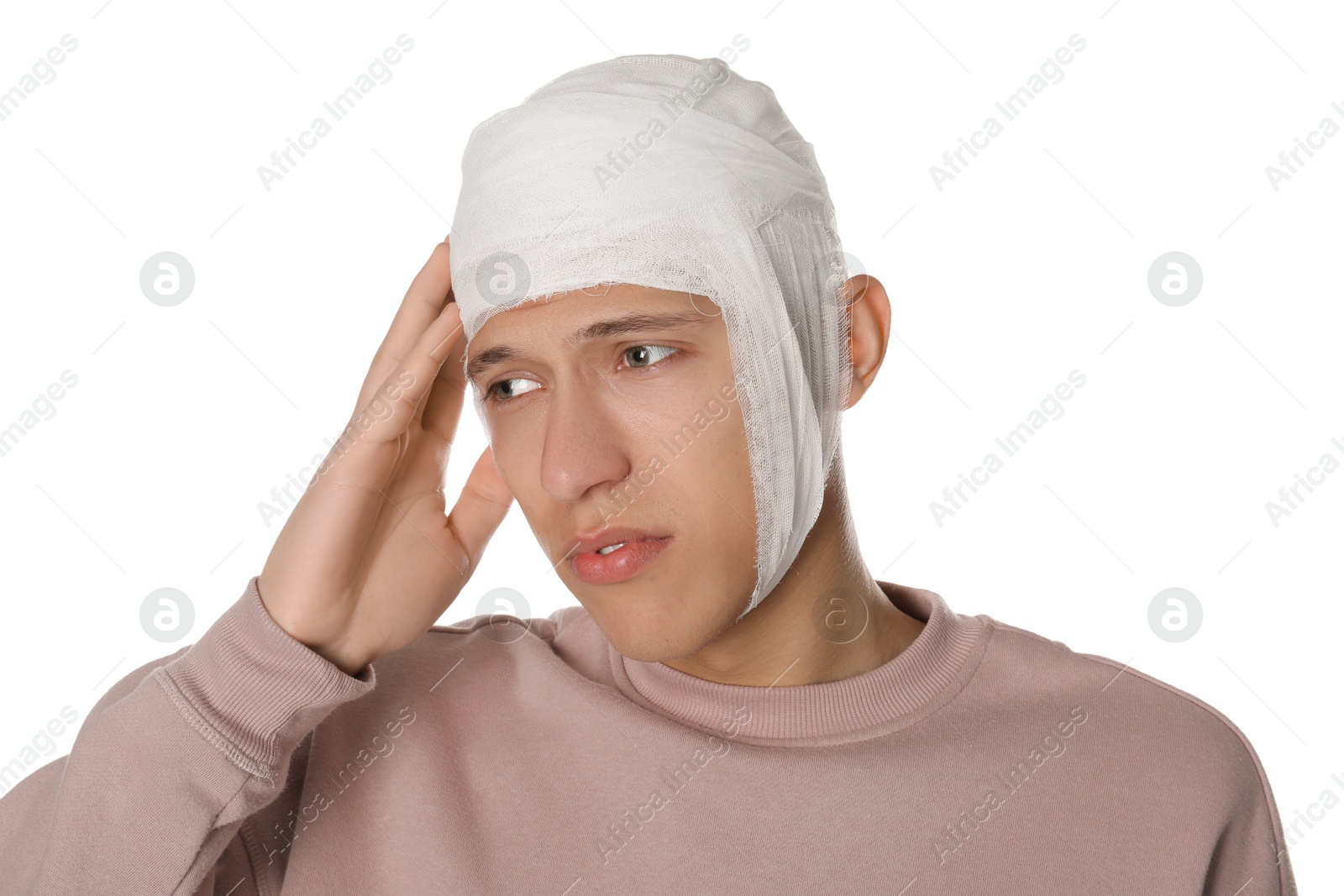 Photo of Man with head wrapped in medical bandage on white background