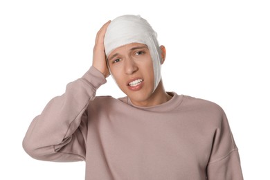 Photo of Man with head wrapped in medical bandage on white background