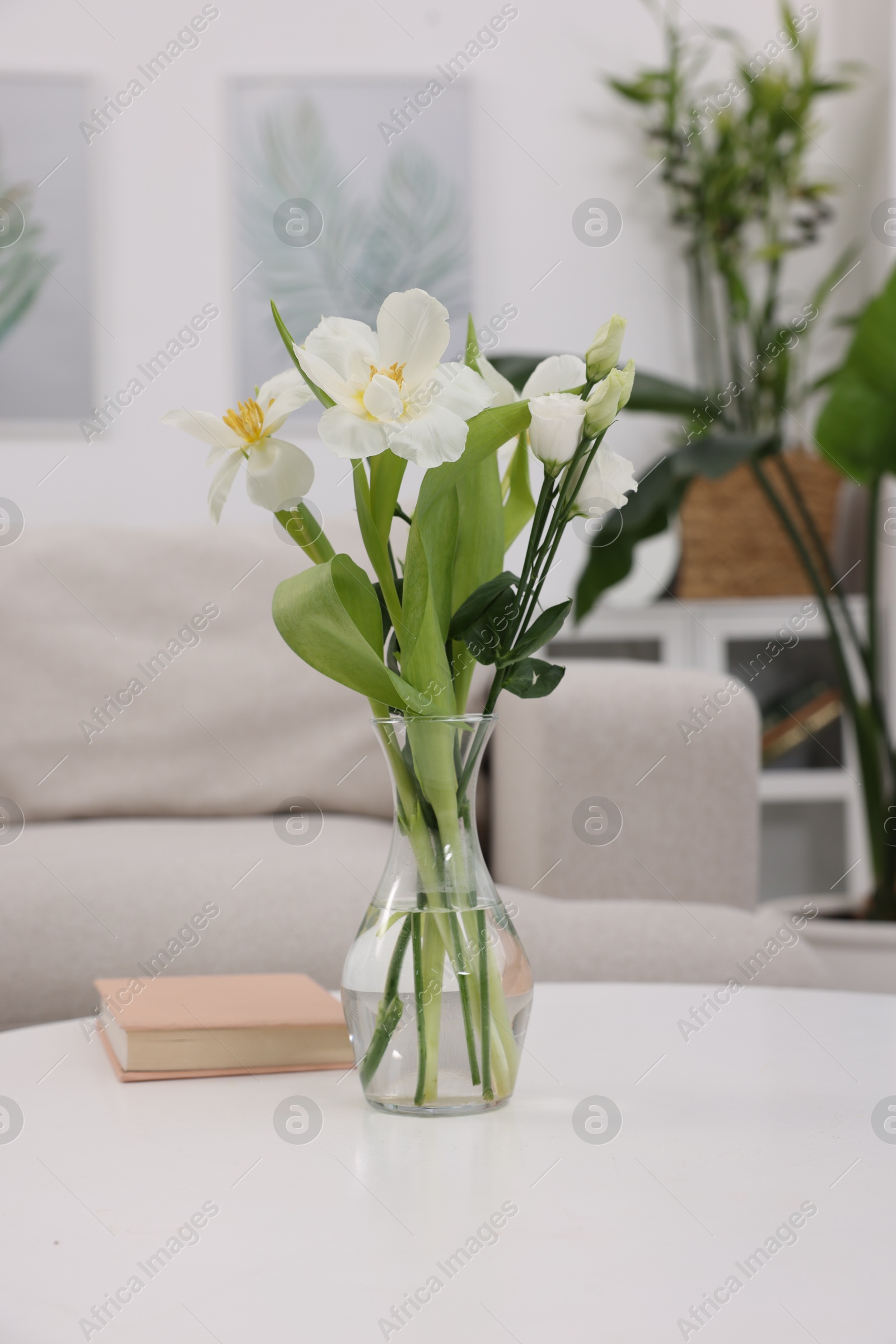 Photo of Feng shui. Vase with flowers and book on white table indoors