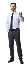 Photo of Cheerful salesman with car key on white background