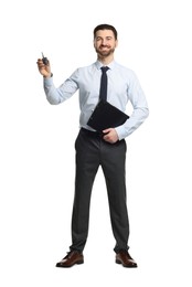 Photo of Cheerful salesman with car key and clipboard on white background