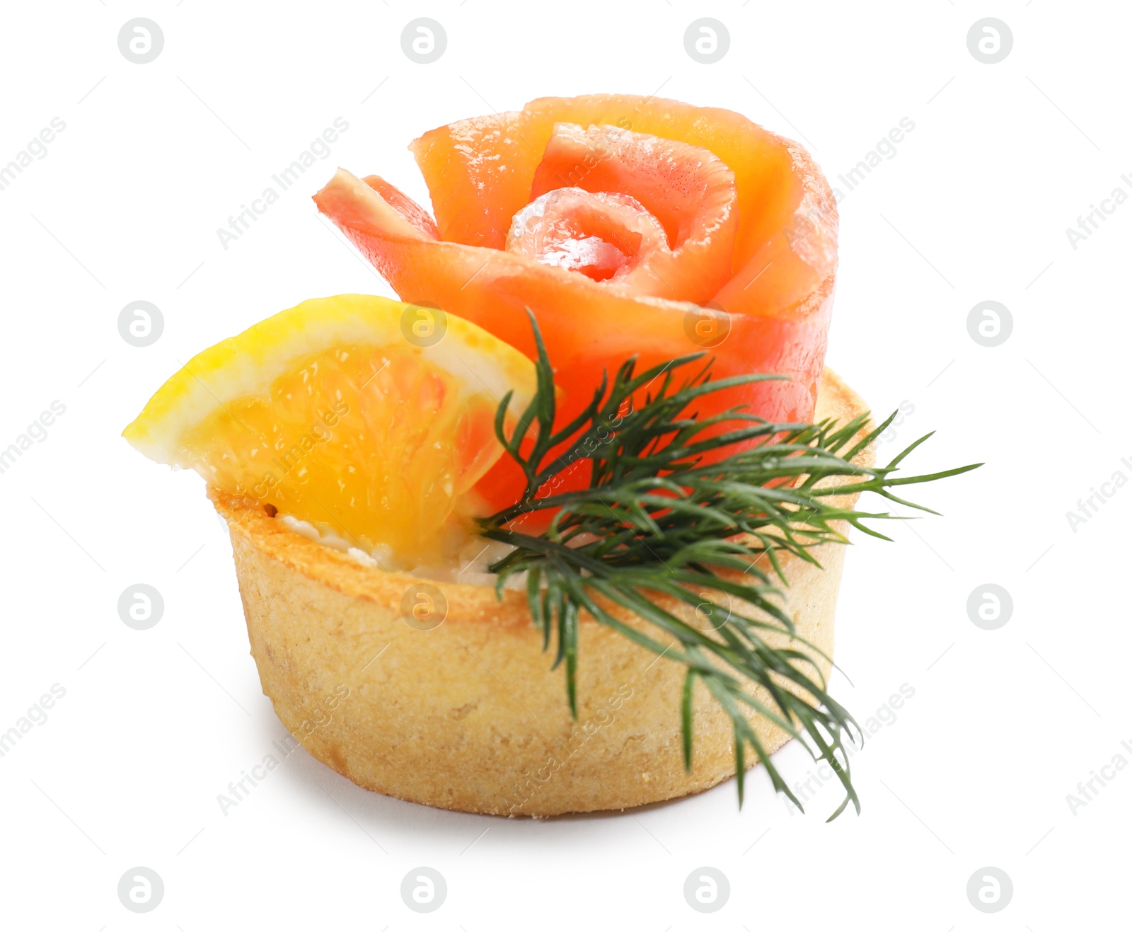 Photo of Tasty tartlet with salmon, lemon and dill isolated on white