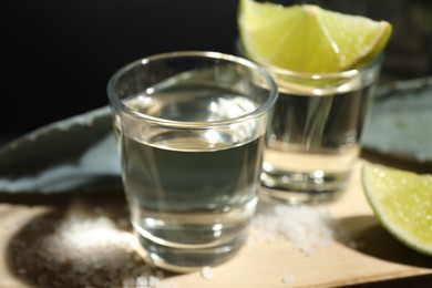 Photo of Tequila shots, slices of lime, salt and agave leaves on table against black background, closeup