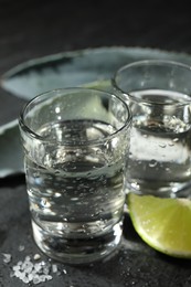 Tequila shots, slice of lime, salt and agave leaves on grey table, closeup